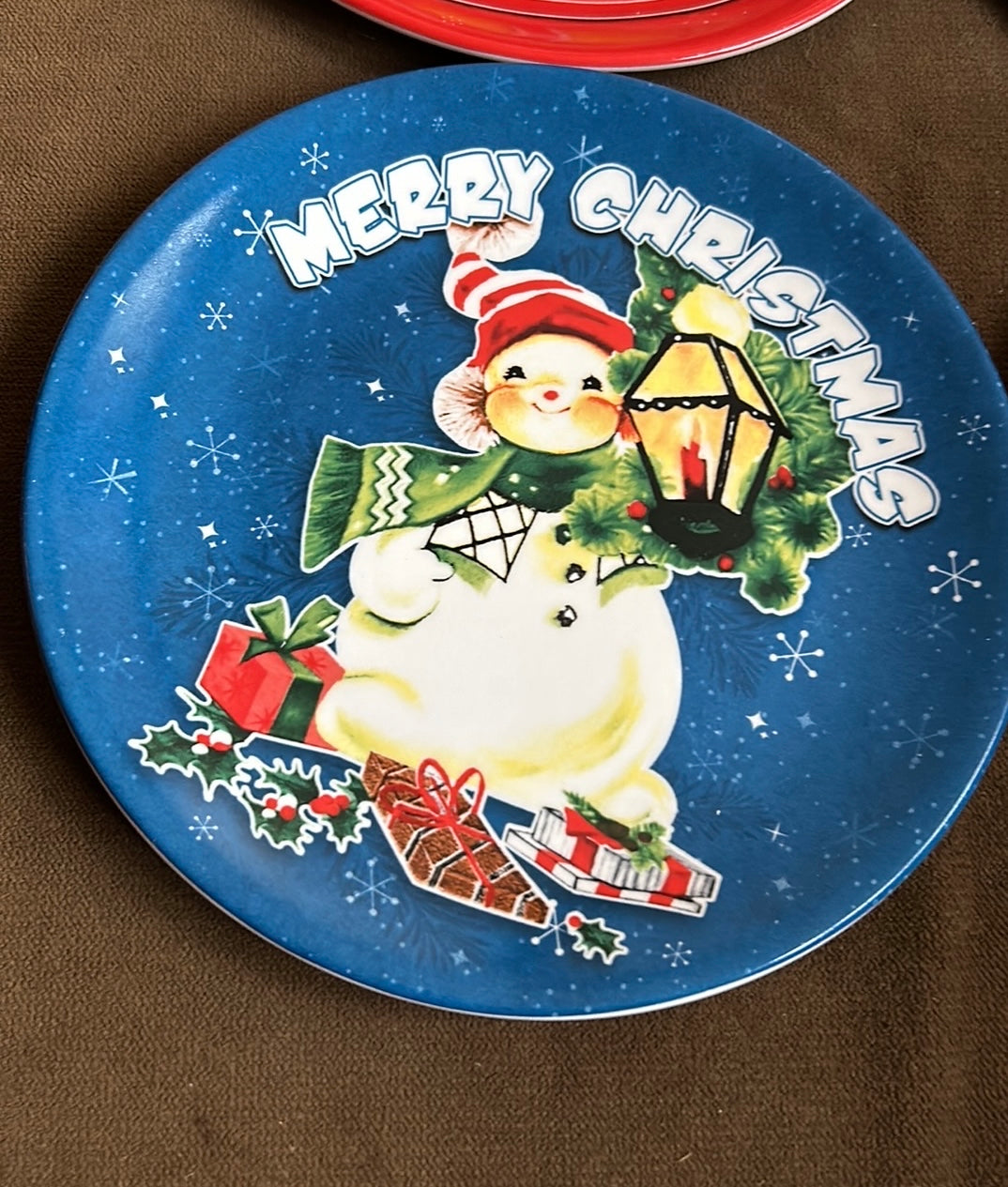 MR CHRISTMAS 4 Pc PLATES Santa Snowman Retro Ceramic 90th Anniversary New