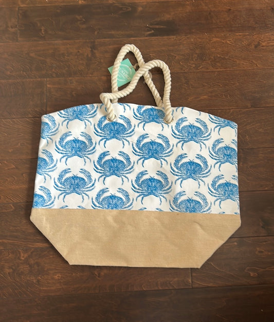 New Nautical Beach bag NWT Blue Crabs White Beige Canvas Extra Large Reusable