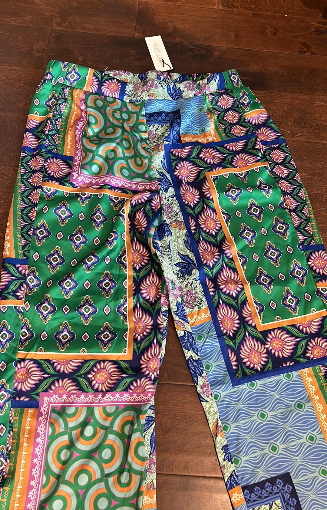 Rachel Zoe L Bohemian Print Pants Wide Leg Green Moroccan Silky Boho Sz M