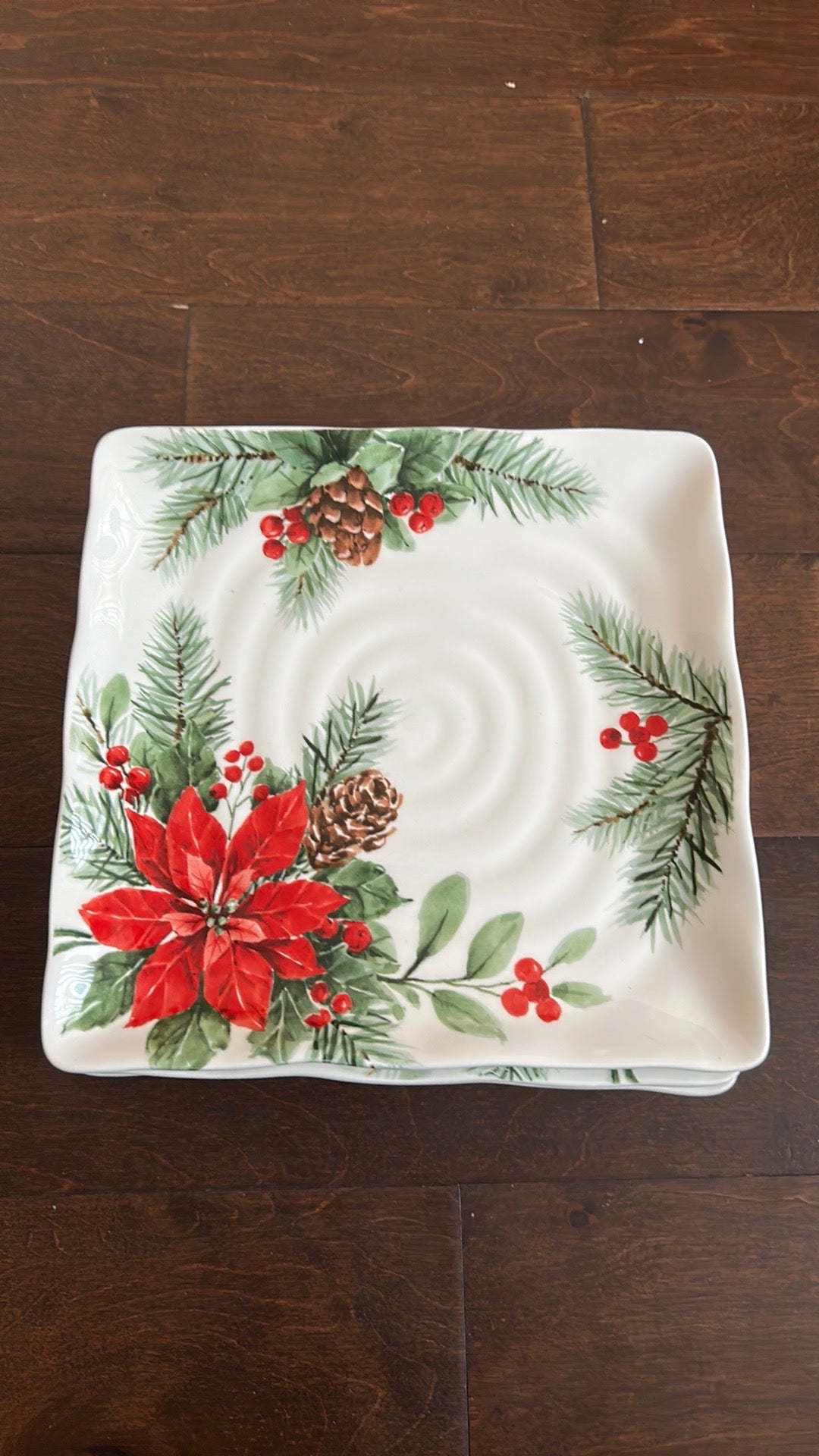 Maxcera 6 Salad  Plates Ceramic Square Scalloped Poinsettia Pine Christmas New