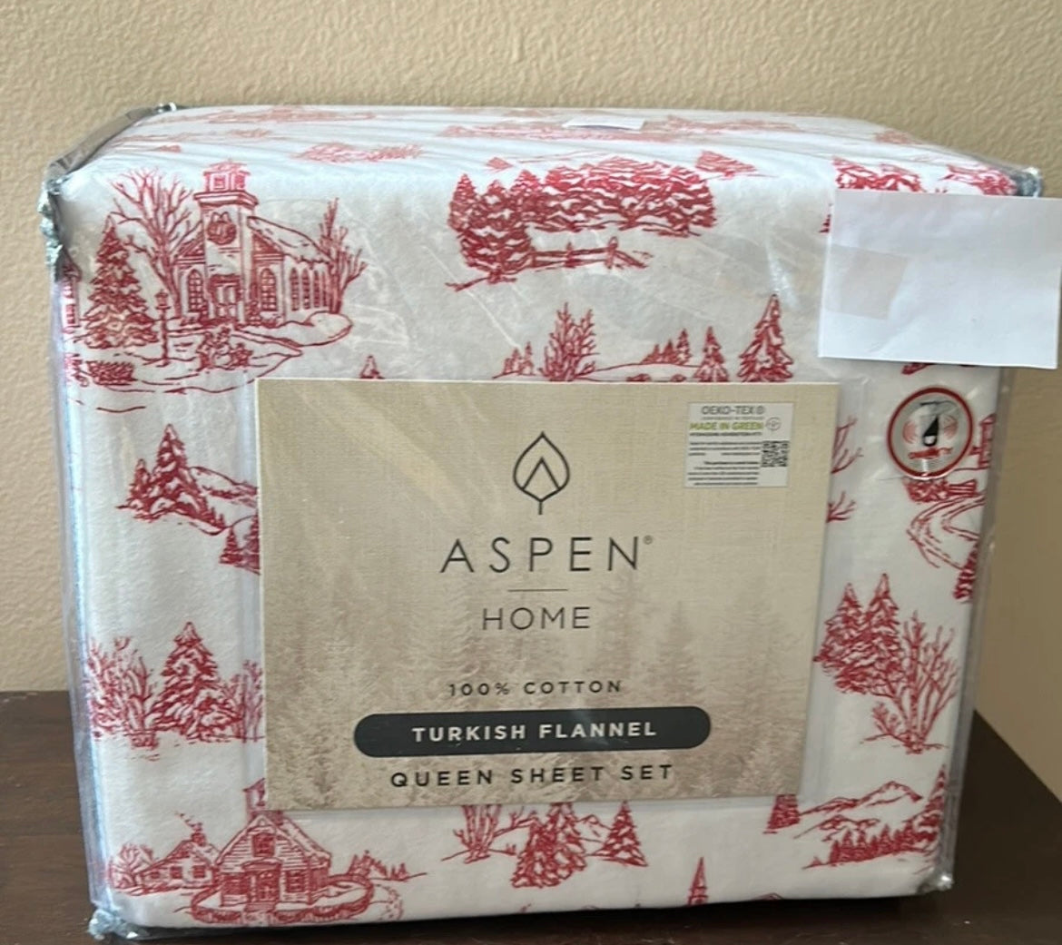 Aspen Home Queen Sheet set Christmas Trees Houses New Cotton Flannel Etoile