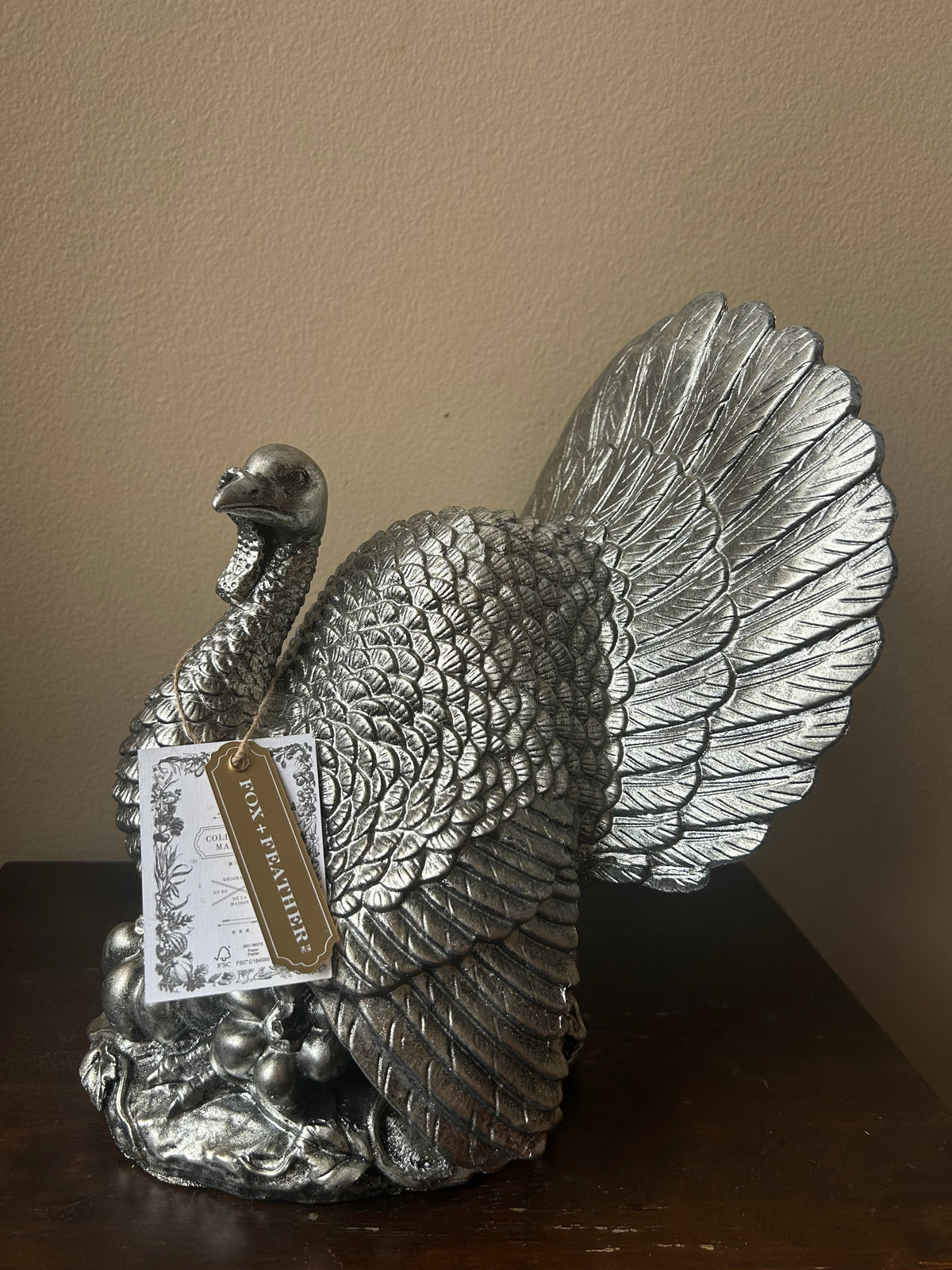 Fox + Feather Turkey Silver Tone New 12” Tall Fall Thanksgiving Centerpiece