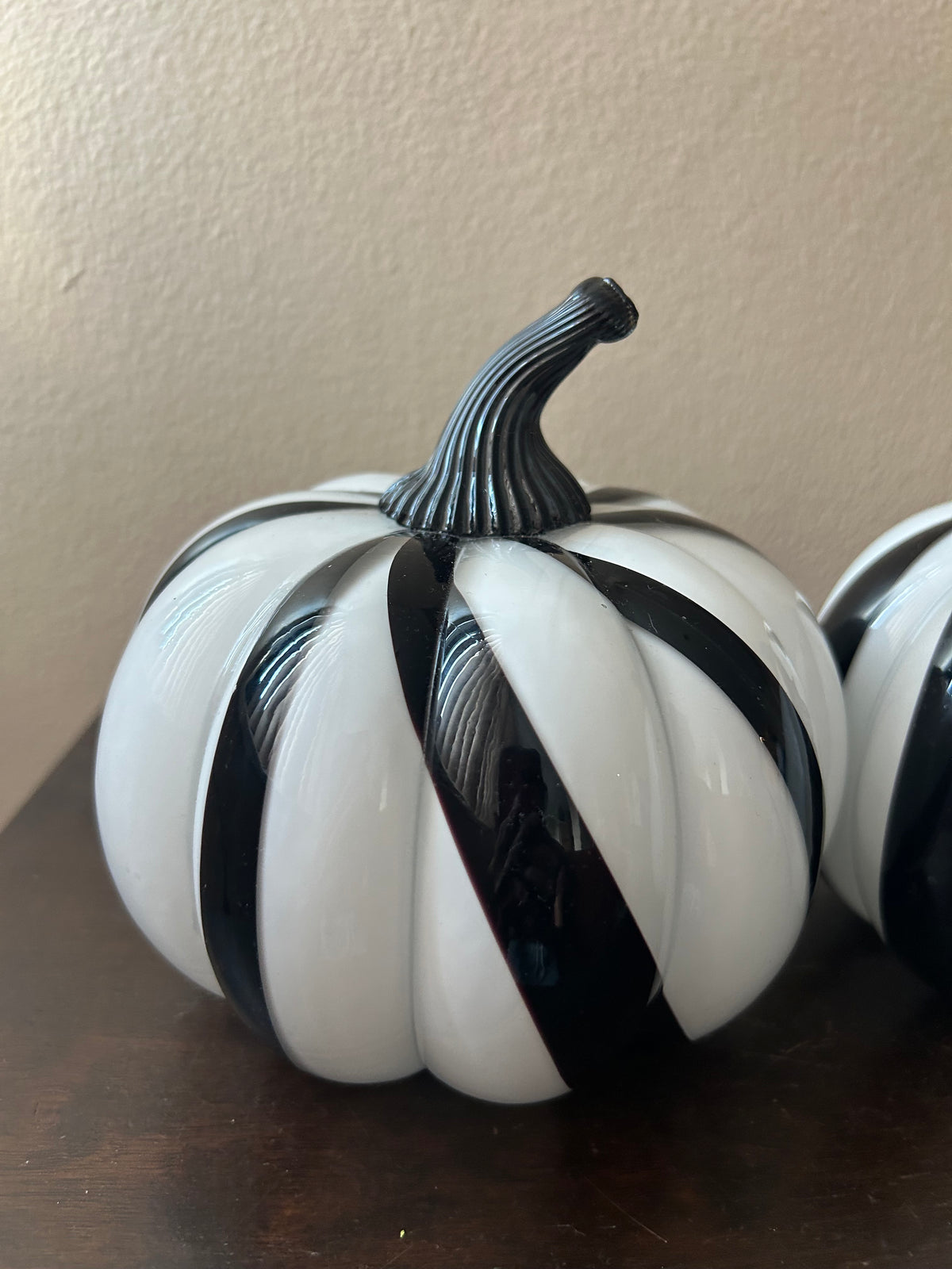 Set Of 2 Black White Striped Pumpkin New Glass Fall Mackenzie Childs Look