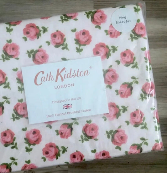 Cath Kidston King Sheet Set Button Rose Raspberry 100% Flannel Brushed Cotton
