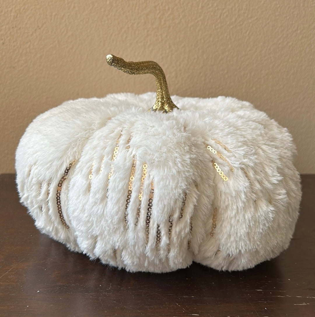 Cupcakes & Cashmere Faux Fur Plush Ivory Fall Halloween Pumpkin With Sequins