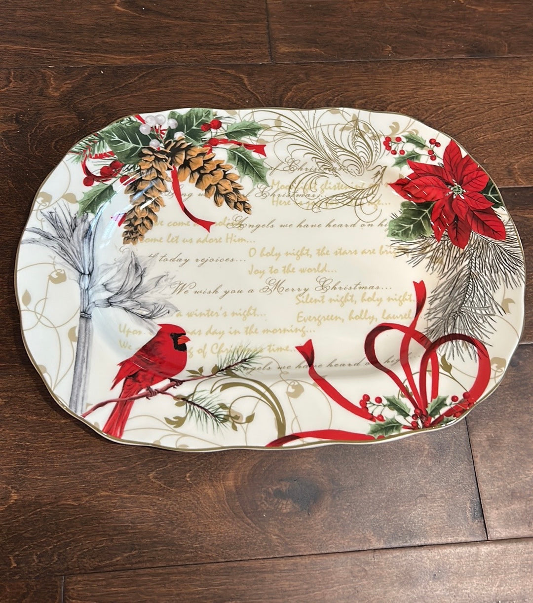 222 Fifth Christmas Poinsettia Pinecone Serving Platter New Pumpkin Red Cardinal