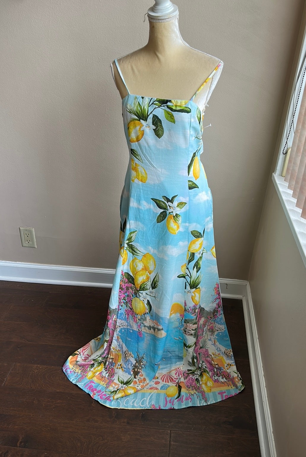 Paper Heart Women Maxi Dress Lemons New Floral Mediterranean Linen Blend