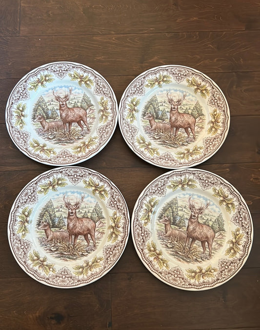 Royal Stafford England Stag Deer Thanksgiving 4 Dinner Plates New Victorian