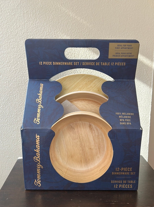 Tommy Bahama 12 Pc Set Melamine 4 Dinner Plates.4 Salad Plates 4 Bowls Wood Look