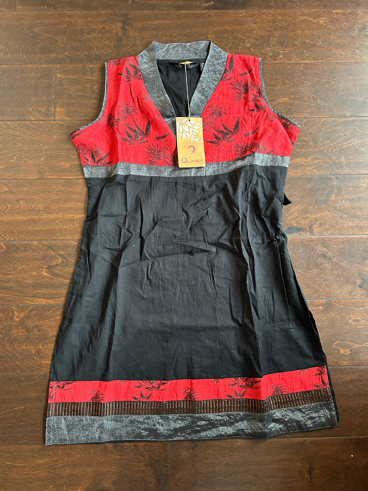 New Women’s Indian Kurti Top Sleeveless  Black Multicolor Ethnic Sz L