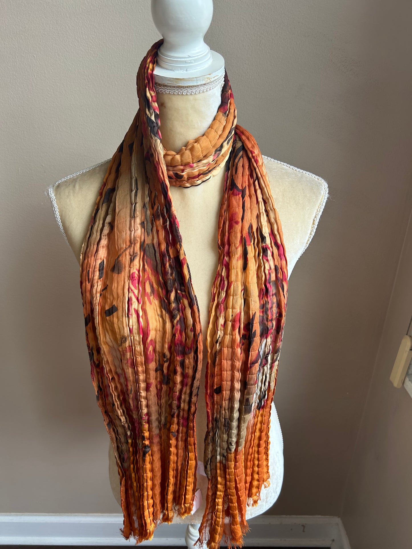 New Womens Pleated Printed Scarf Fall Colors Raw Edges 5000-3100
