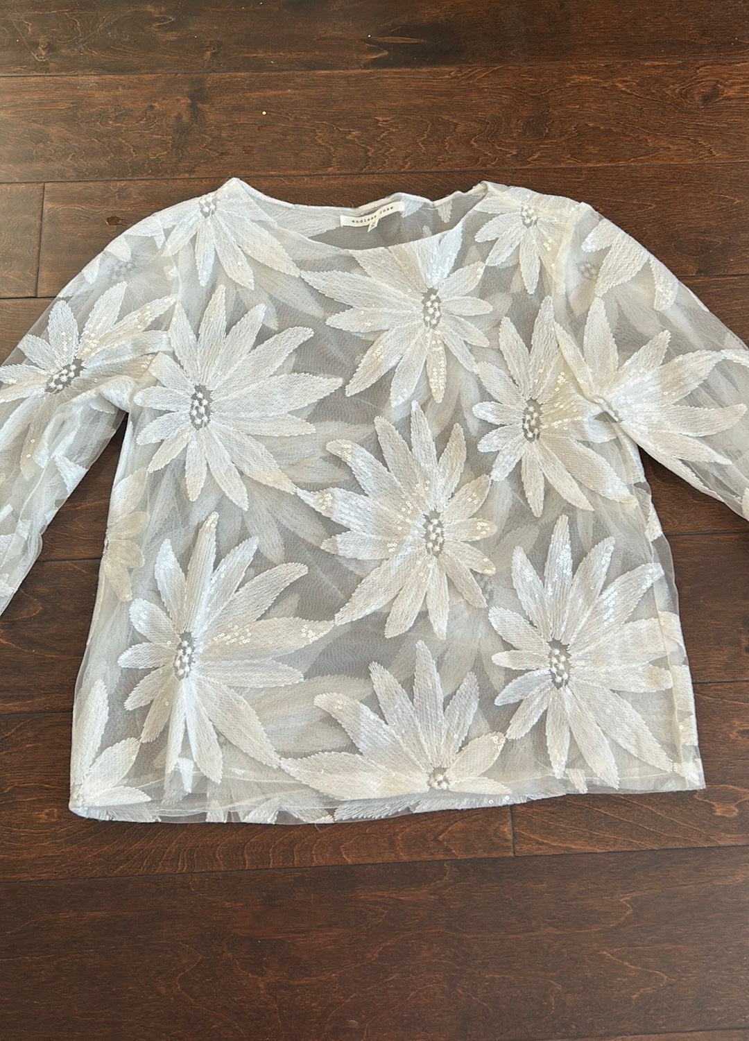 Endless Rose Womens Blouse Top Embroidered New Sz S Sequined Floral Sheer ST2825