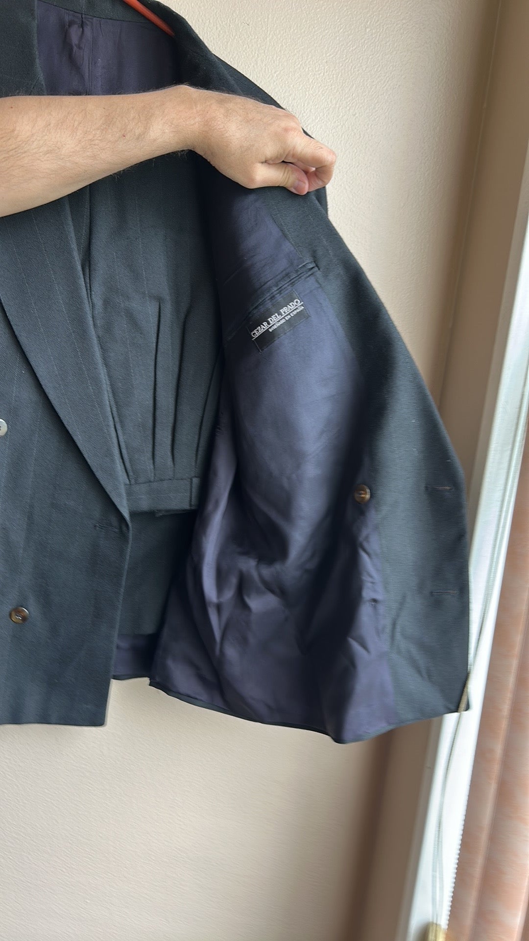 Cezar Del Prado Men’s 2 Pc Suit Striped Sz 42 Double Breasted Black Made Spain