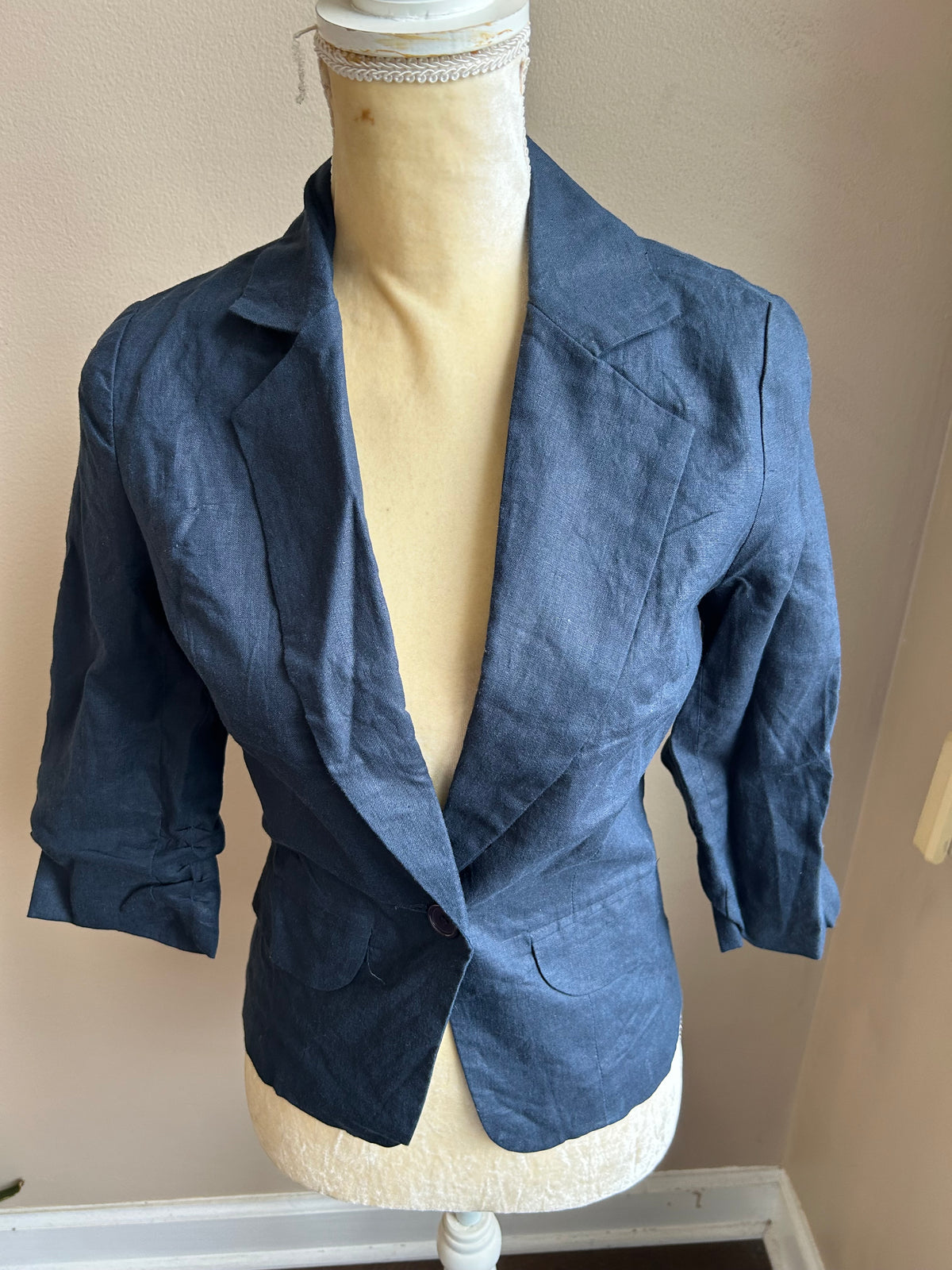 Nice & Cool Womens Linen Blazer Navy Blue Blkcase 3/4 Sleeve