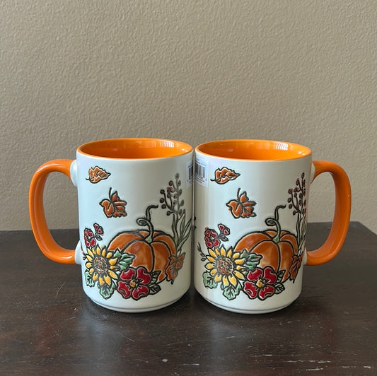Eli & Ana Fall Thanksgiving Pumpkin Floral Ceramic Mugs/Cups Set of 2