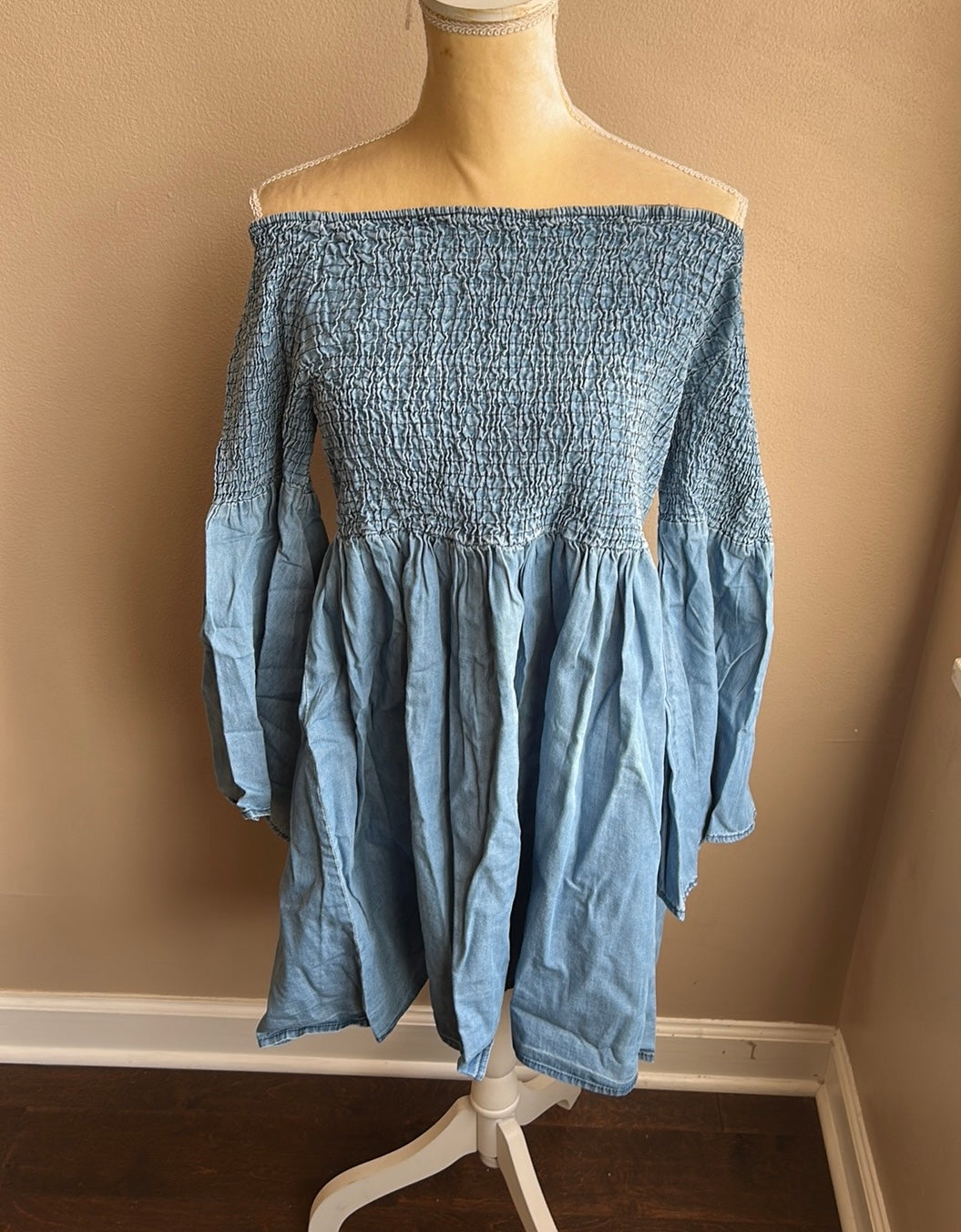 New Womens Plus Sz 2X Stone Washed Mini Denim Dress Bell Sleeve Cotton Blue