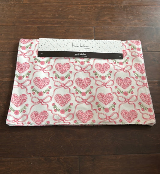 Nicole Miller New Valentines Day Set Of 4 Placemats Pink Ribbons Hearts Floral