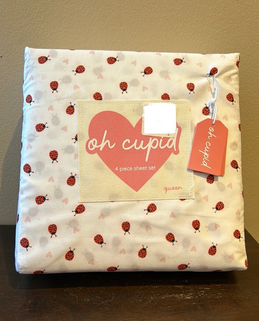 Oh Cupid  sheet Set Ladybug Heart Print Queen Size Pink Red Valentines Day  New