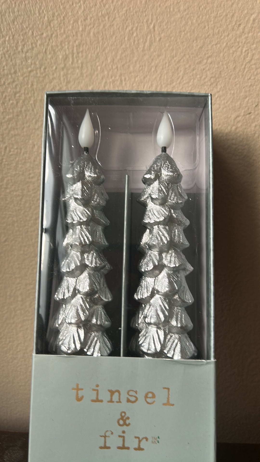 Tinsel & Fir Flameless Taper Candles 2 Pcs LED Christmas Tree Silver with Timer