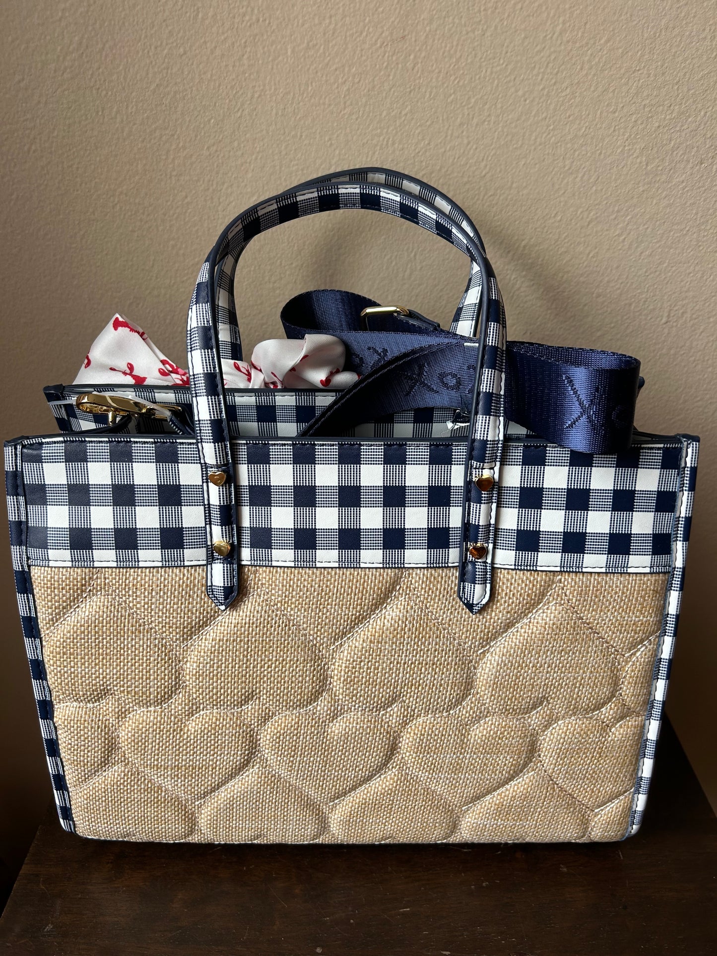 Betsey Johnson Quilted Heart Satchel Handbag Gingham Trim Lobster Scarf New