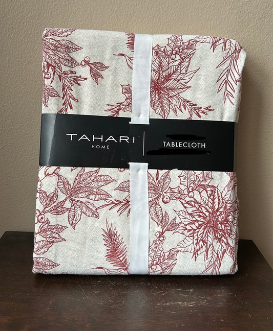 Tahari Christmas Poinsettia Holly Berry Shimmery Tablecloth 60”x144” Oblong