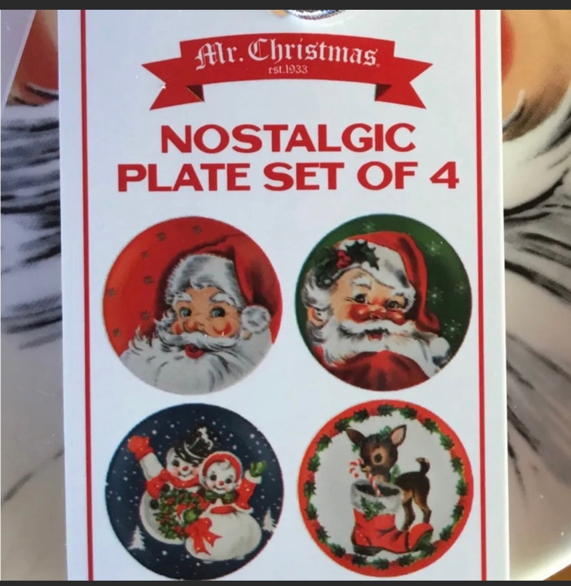 NEW Vintage Style MR CHRISTMAS 4 Pc PLATES Santa Snowman Retro Ceramic Pastel