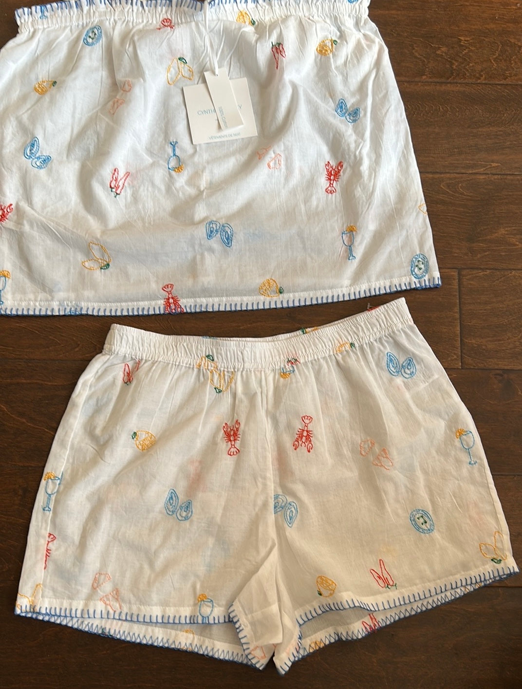 Cynthia Rowley Womens Embroidered Pajama Set Shorts Top New Cotton Sz S Lobster Drinks