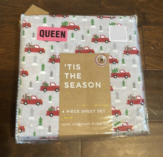 New Tis the Season 3 Piece Queen Christmas Tree Holiday Red Truck  Bed Sheet Set