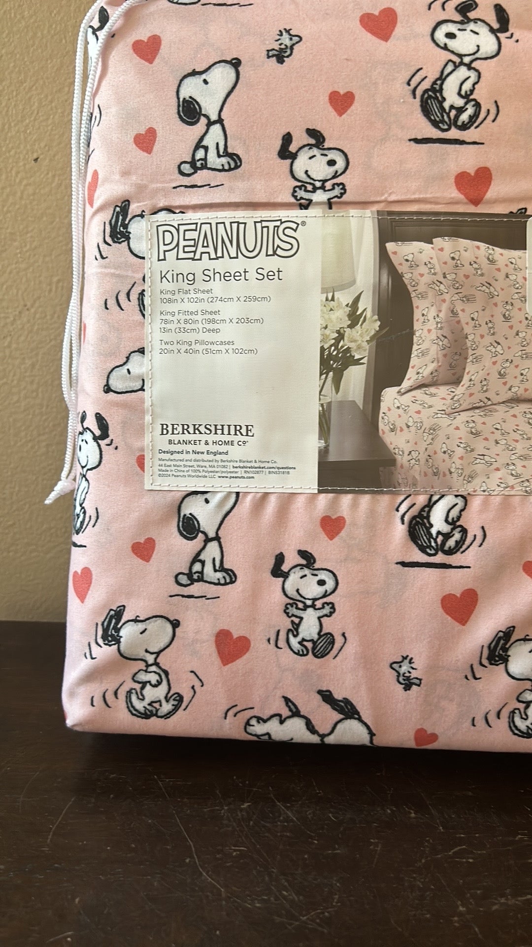 PEANUTS King SHEET SET Sleepy Snoopy Woodstock Valentine’s Day Love Pink Heart