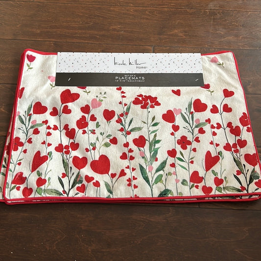 Nicole Miller New Valentines Day Set Of 4 Placemats Pink & Red Hearts Love