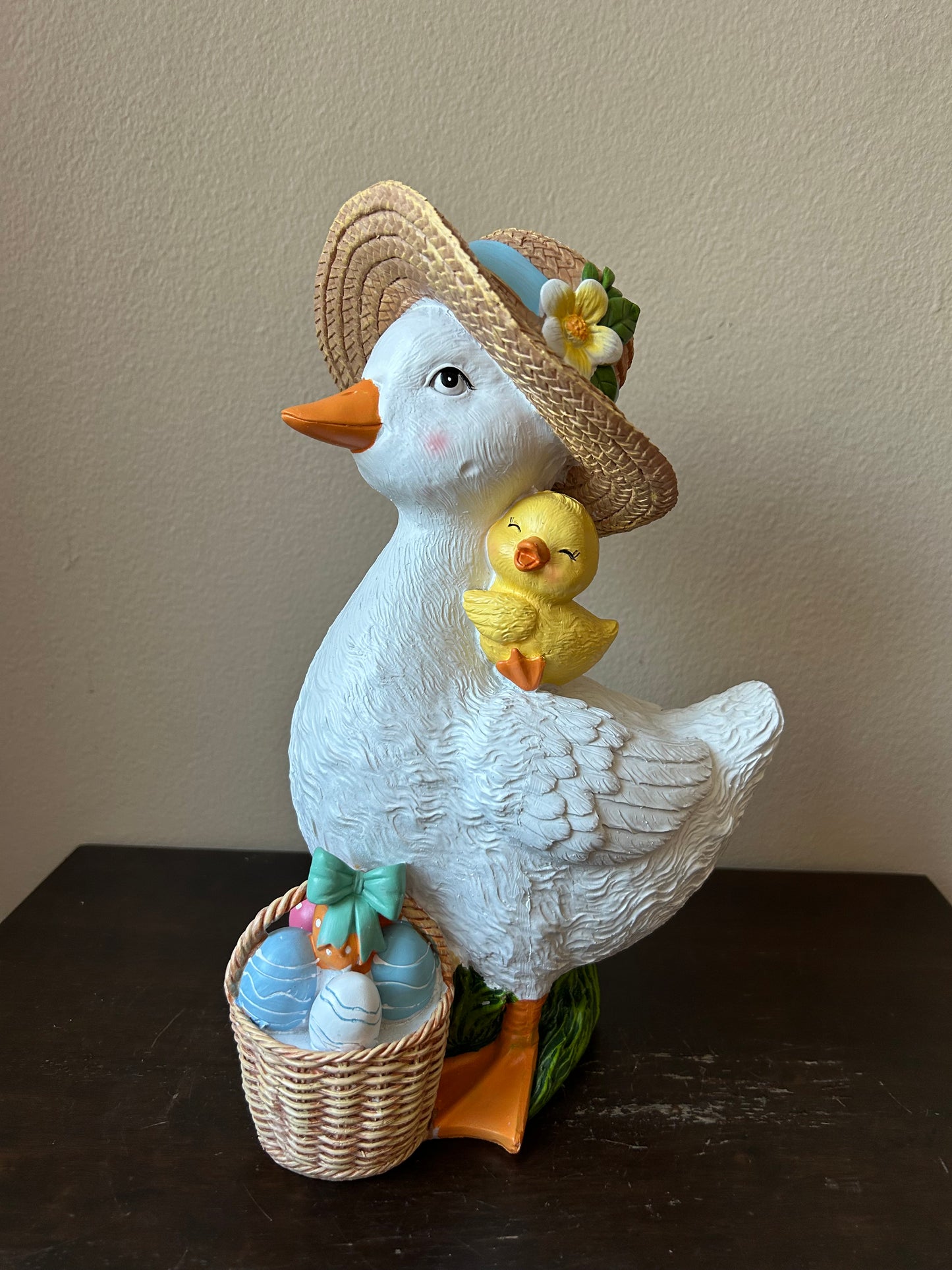 New Easter Duck Wearing Straw Hat With Easter Egg Basket Figurine 11” Tall