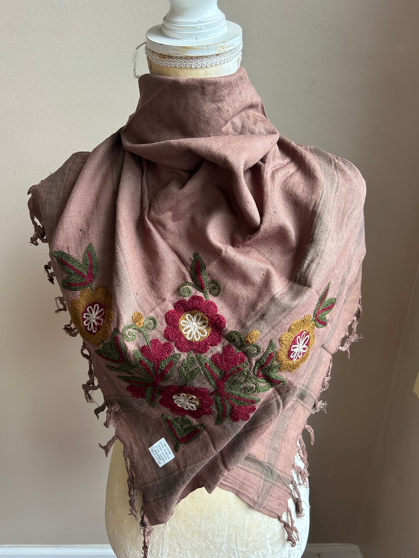 New Womens Tan Embroidered Flowers Fringed Scarf BOHO New 5000-3102