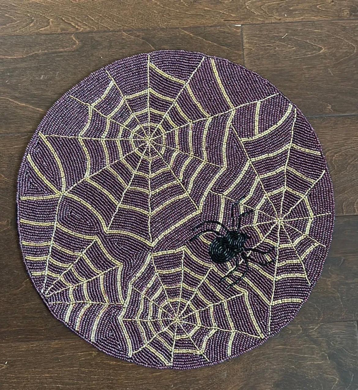 Set Of 4 Tahari Beaded Placemat Spiderweb Purple Web Centerpiece 15” Halloween