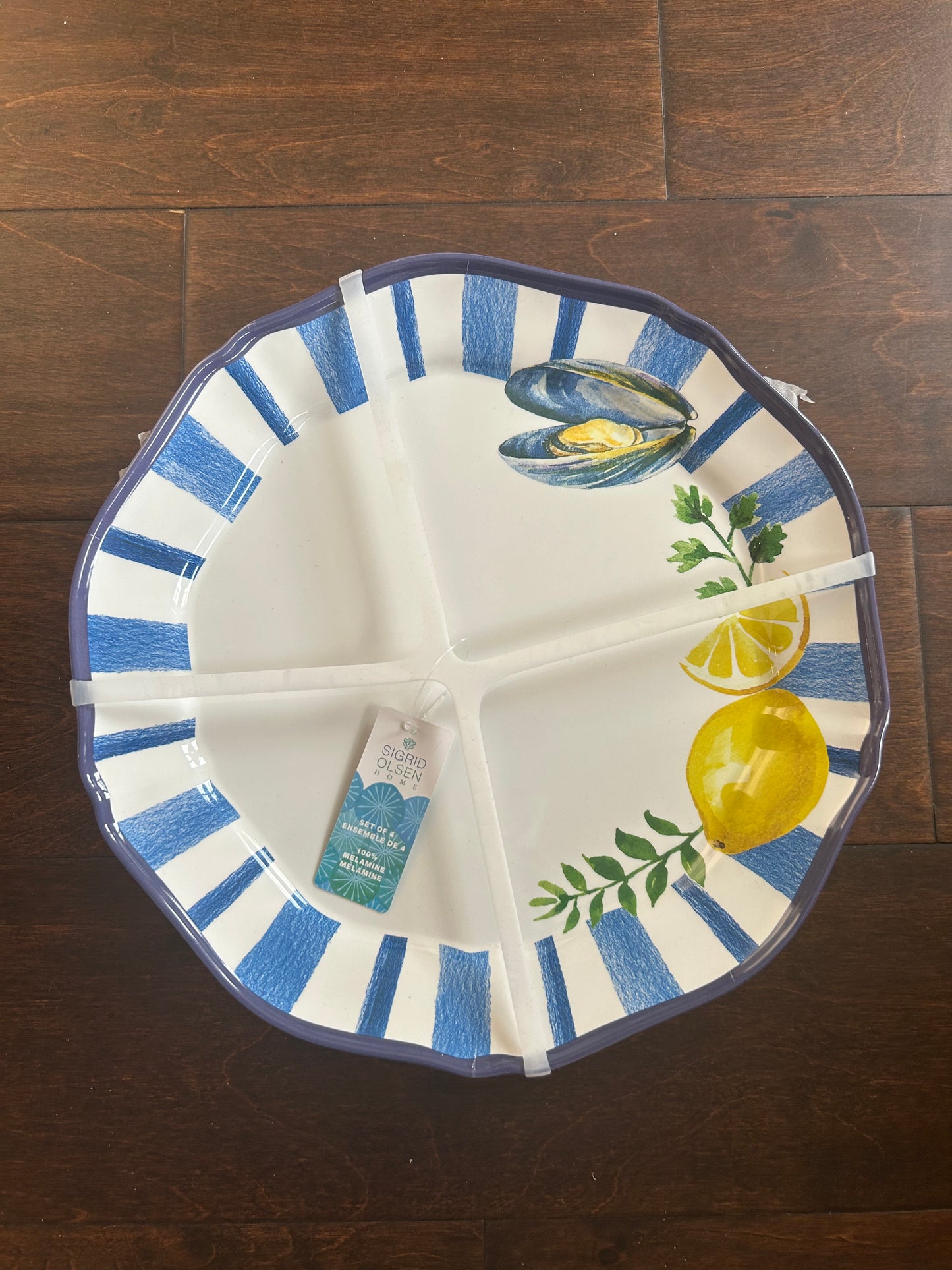 Sigrid Olsen Melamine Set Of 4 Dinner Plates Mediterranean Lemons Stripes Blue