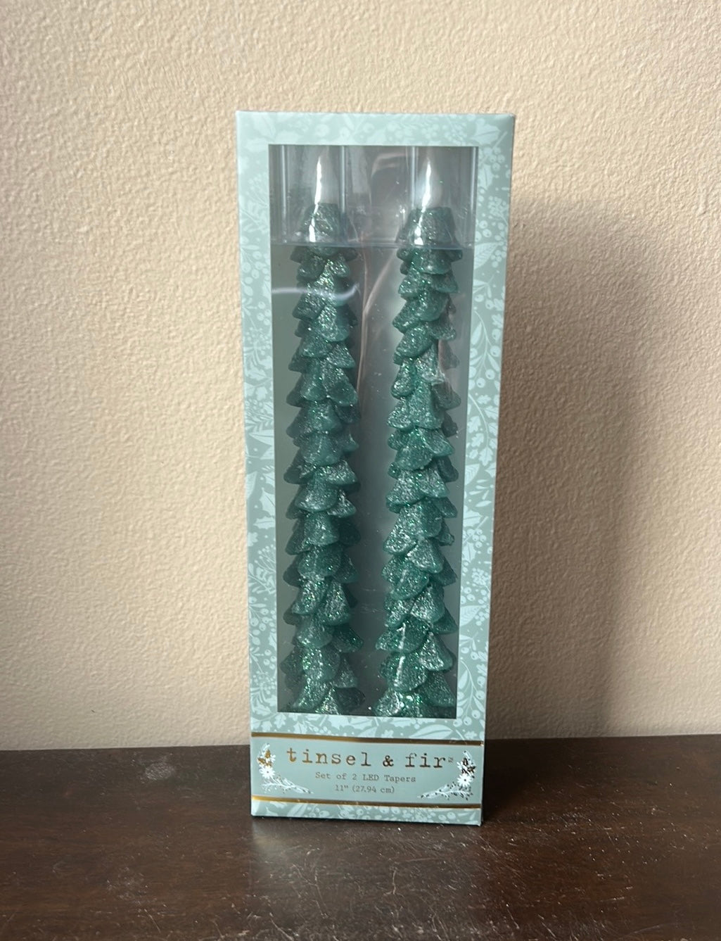 Tinsel & Fir Flameless Taper Candles 2 Pcs LED Christmas Tree 11” Green Shimmery