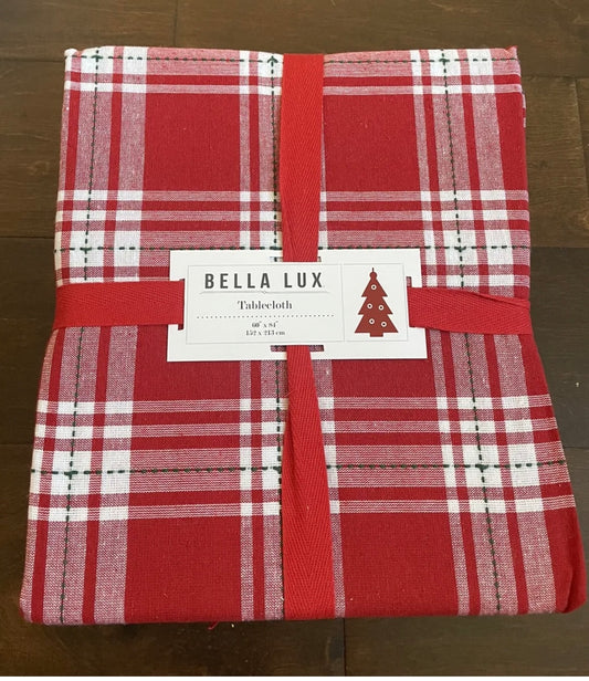 Bella Lux Tablecloth Plaid Christmas Decor Red White 60”x84” New