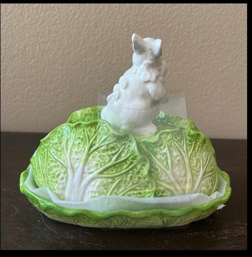 Cute Ceramic Cabbage Rabbit Butter Dish Easter Spring New