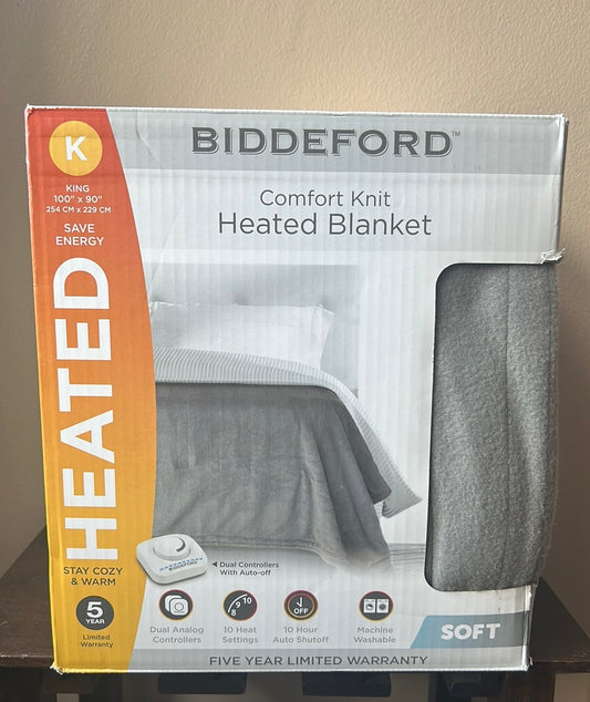 Biddeford Heated Blanket Comfort Knit Gray  King New Analog Control 100”x90”