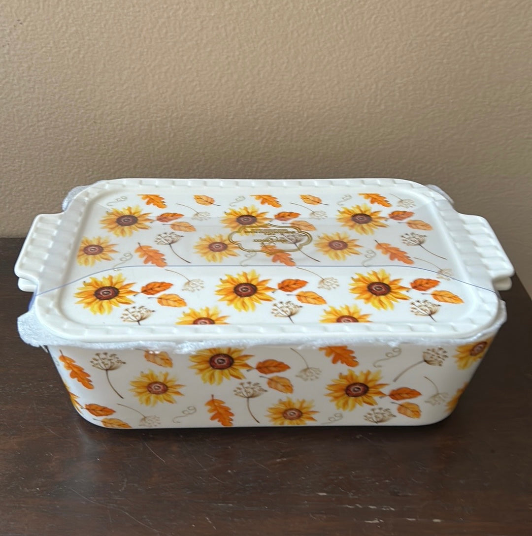 Grace pantry Sunflower Fall Leaves Porcelain Casserole Baking Dish Lid New