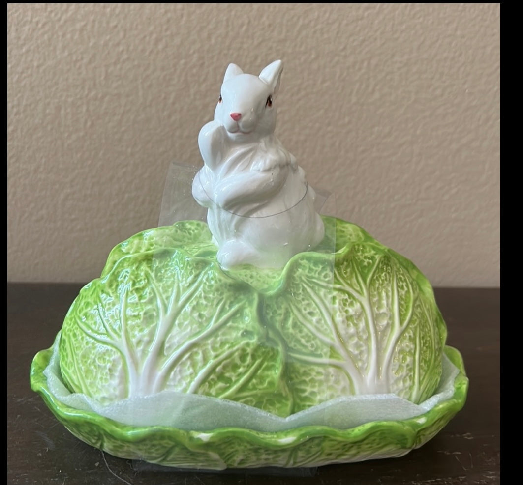 Cute Ceramic Cabbage Rabbit Butter Dish Easter Spring New