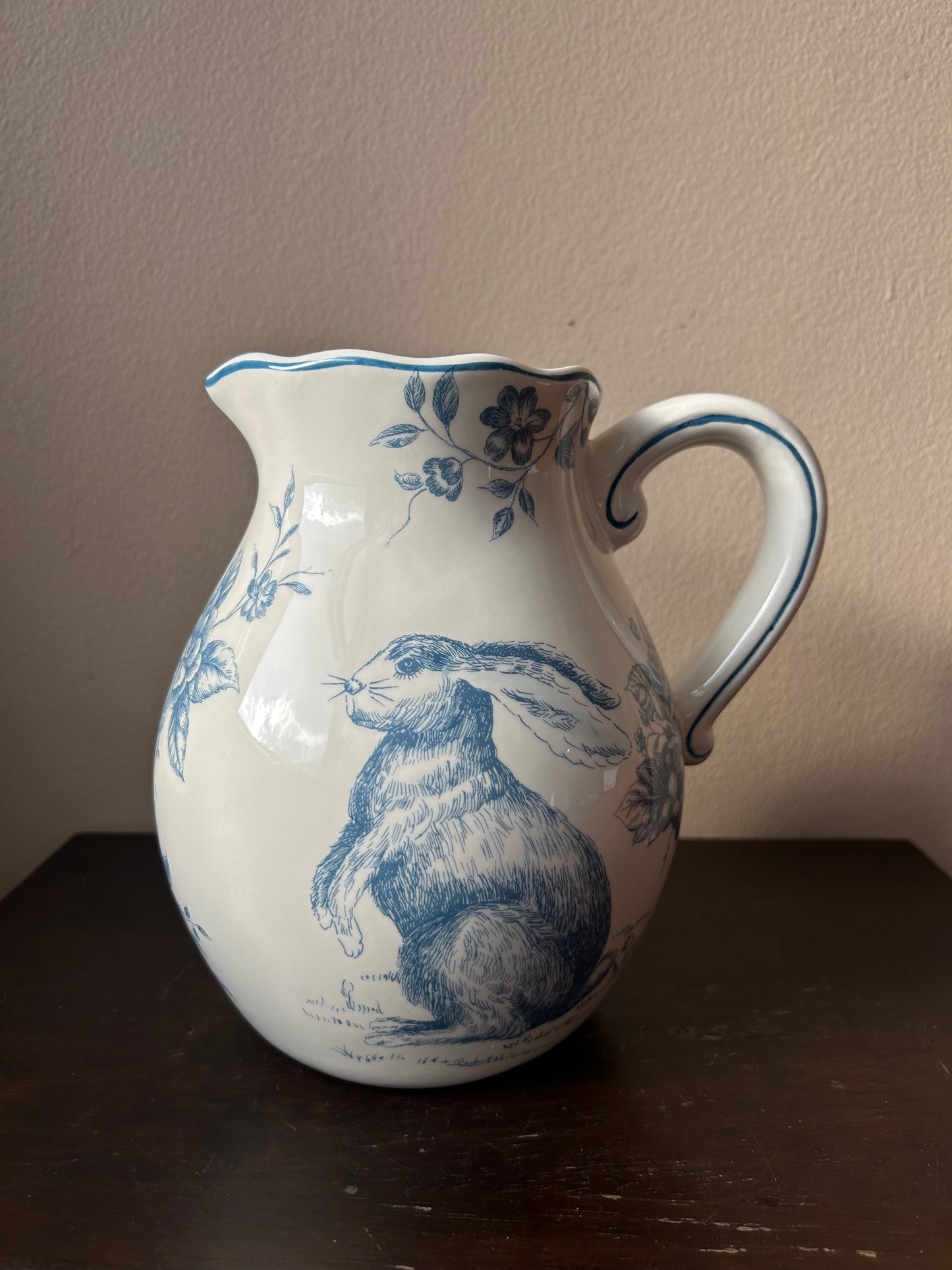 New Pitcher Vase Easter Spring Floral Blue Bunny Rabbit Ceramic New 8” Tall