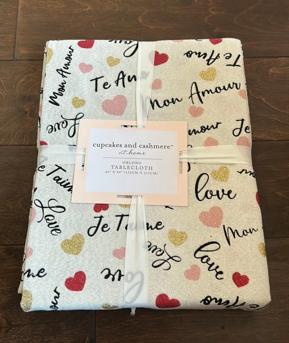 Cupcakes & Cashmere Valentines Day Hearts Red Gold  Tablecloth 60”x 84”