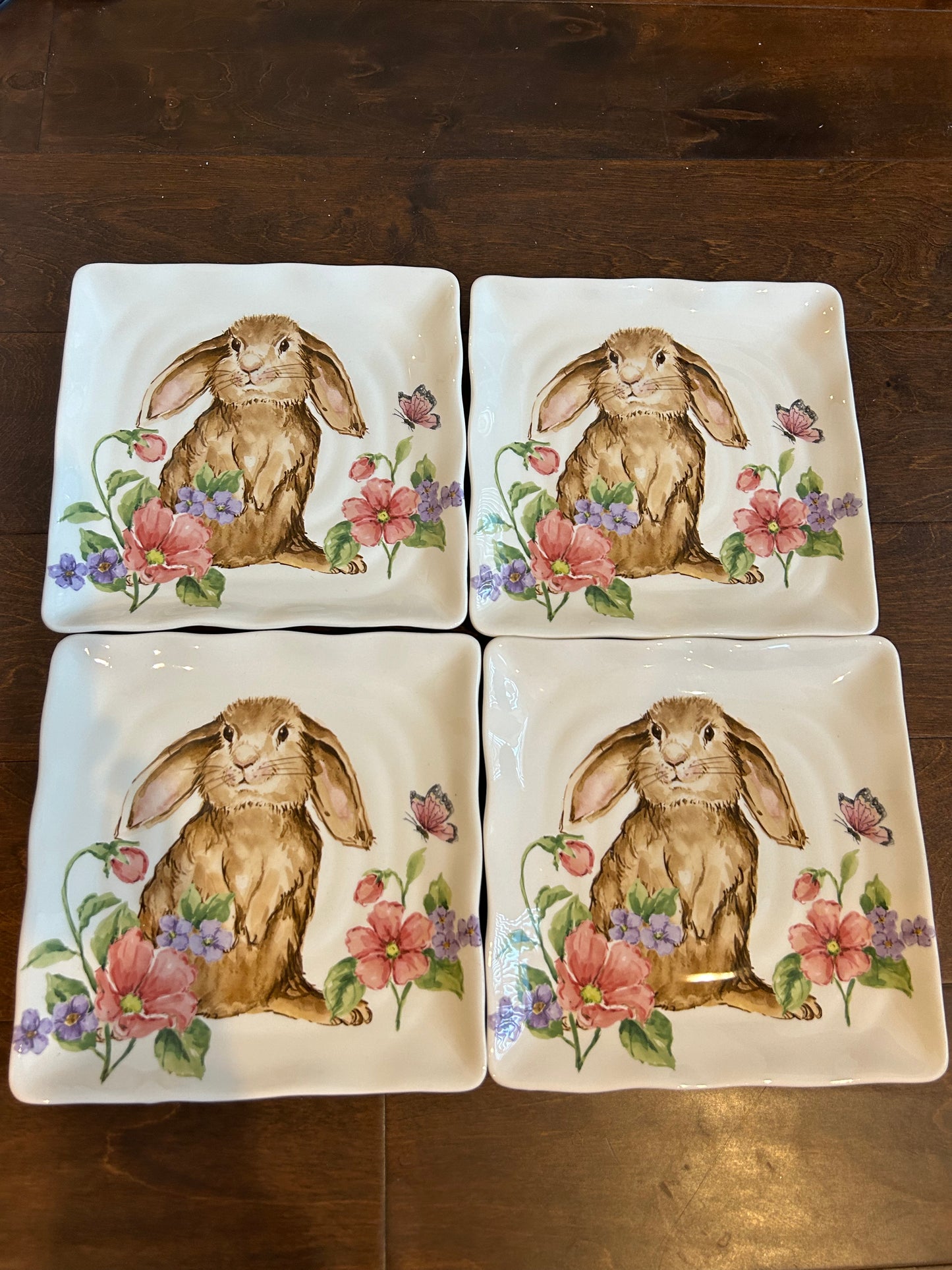 Set Of 4 Bunny Rabbit Salad Plates Ceramic New Floral Easter