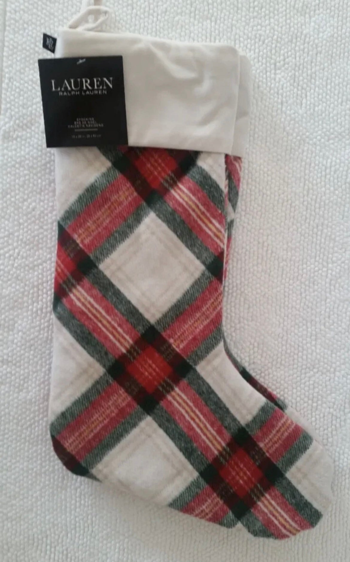 Ralph Lauren CHRISTMAS Stocking Cream Red Green Plaid Set Of 2 Wool Blend