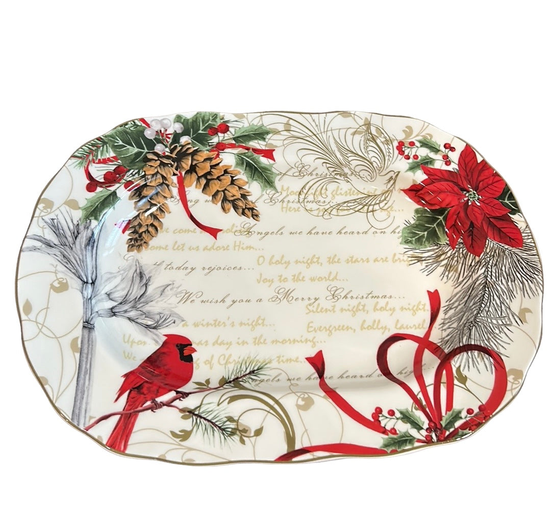 222 Fifth Christmas Poinsettia Pinecone Serving Platter New Pumpkin Red Cardinal