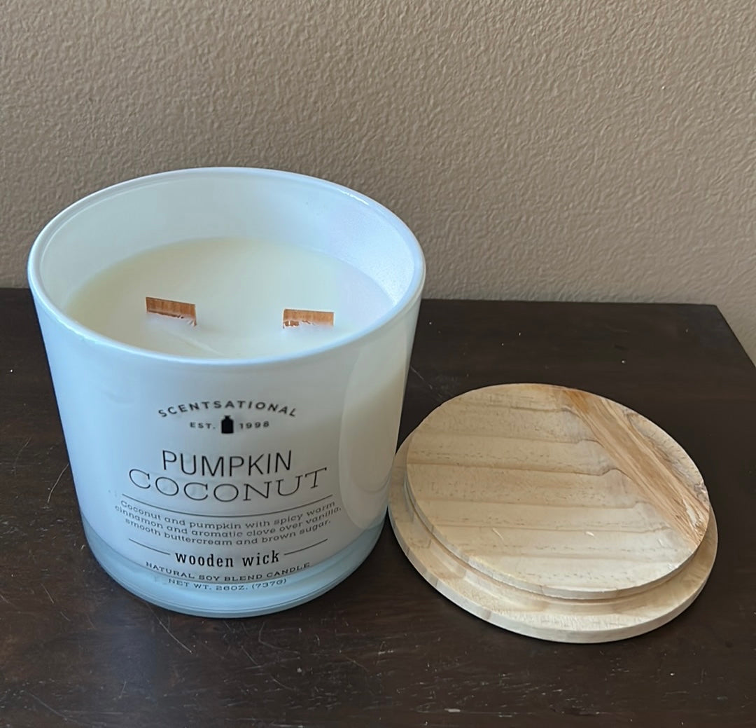 Scentsational Pumpkin coconut Soy Wax Candle  Glass Jar 26oz Wood Wick Wax Blend