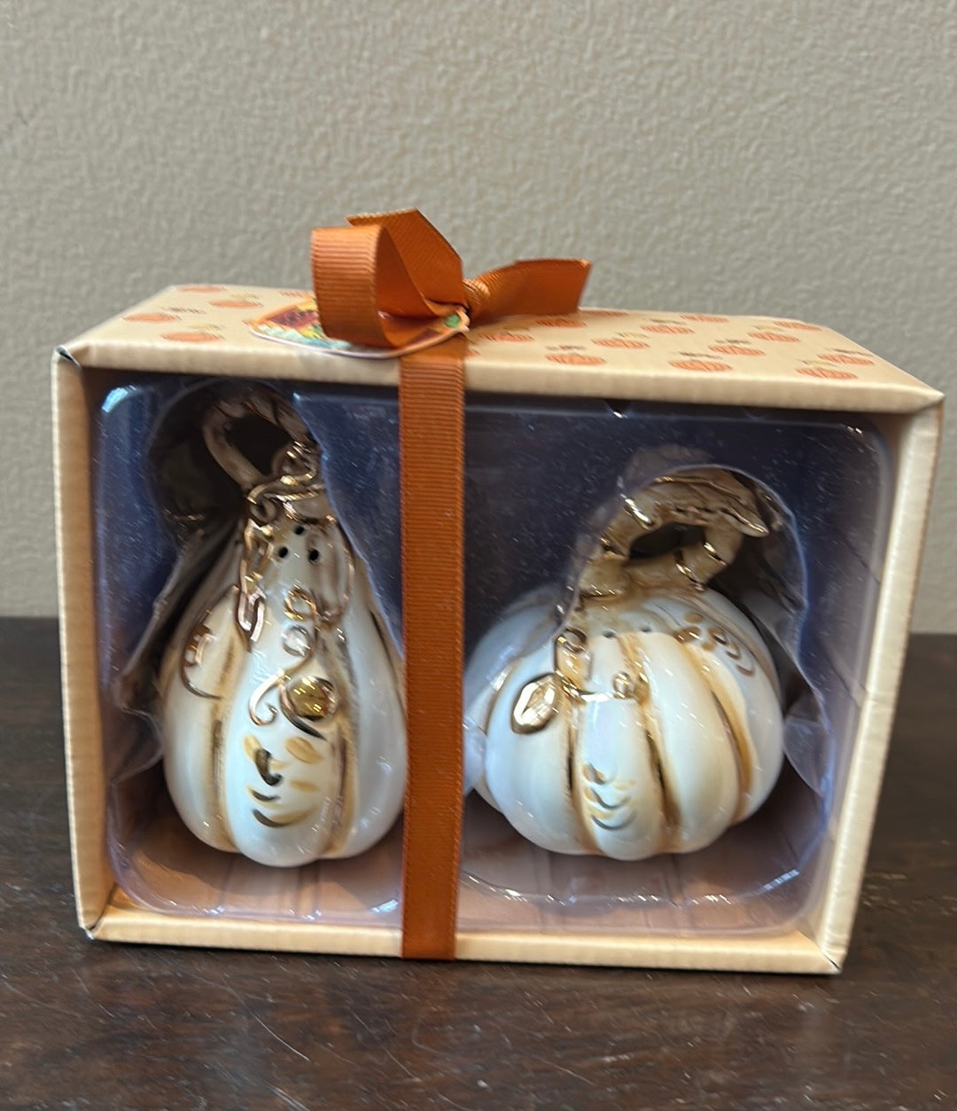 Blue Sky Clayworks Golden Off White Gold Pumpkin Salt & Pepper Shakers