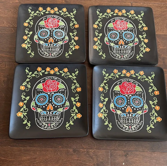 Eli & Ana Ceramic Salad Plates Day of The Dead Set of 4 Dia Del Muertos