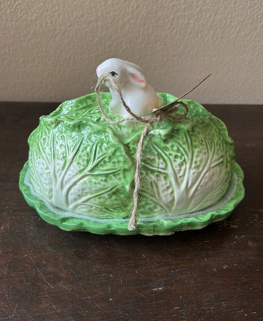 Arlington Design SPRING BUNNY CABBAGE LEAF CERAMIC BUTTER DISH PLATE W/COVER NEW