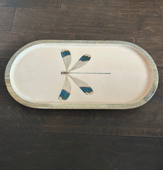 New Wood Dragonfly Serving Platter 20”x10”  With Legs Top Is Glossy Finish